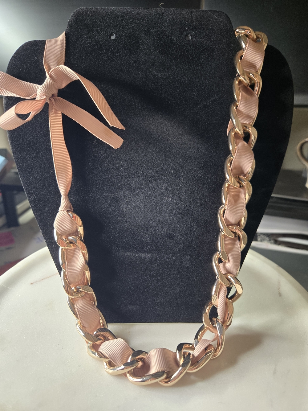 Pink Ribbon Rose Gold Chunky Chain Statement Necklace NWT